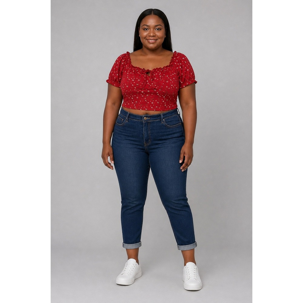 PrettyLittleThing Red Floral Milkmaid Crop Top Sz 18 Plus Ruffle Tie Front Boho